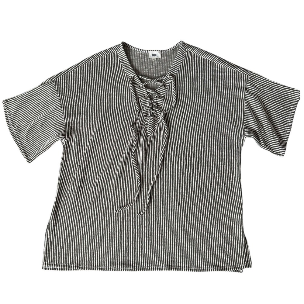 BKE Buckle Olive Green Striped Lace Up V-Neck Knit Top Oversized L